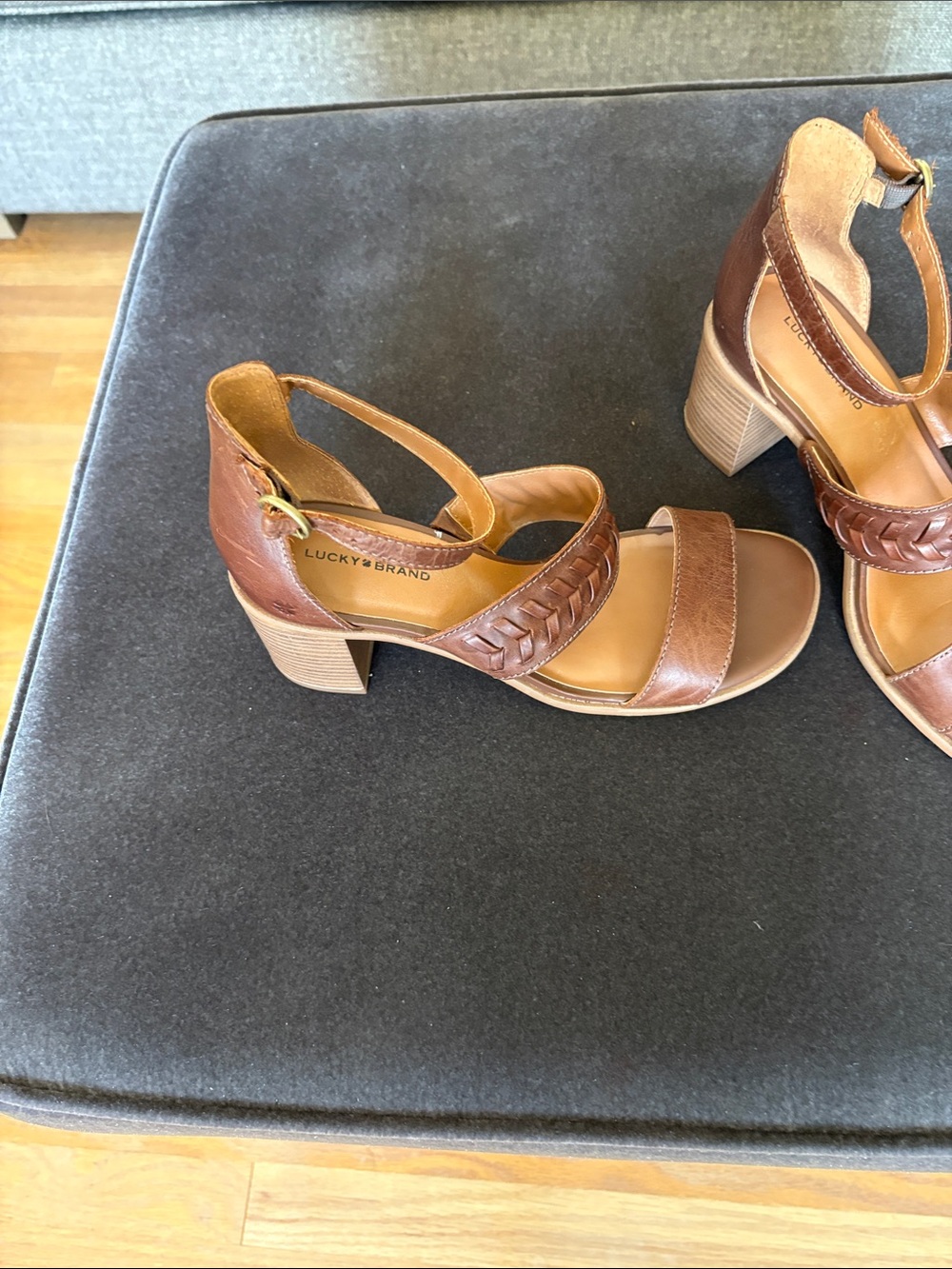 Lucky Brand Cognac Braided Leather Block Heel Sandals - Picture 2 of 9